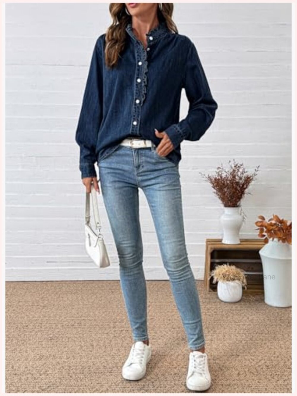 Vintage Denim Button Down Shirt Ruffled Edge Long Sleeve Top - Picture 6 of 7